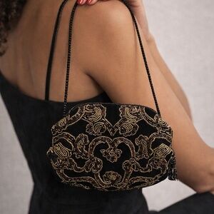 Magid Vintage Hand-Beaded Velvet Evening Bag – Black & Gold ✨